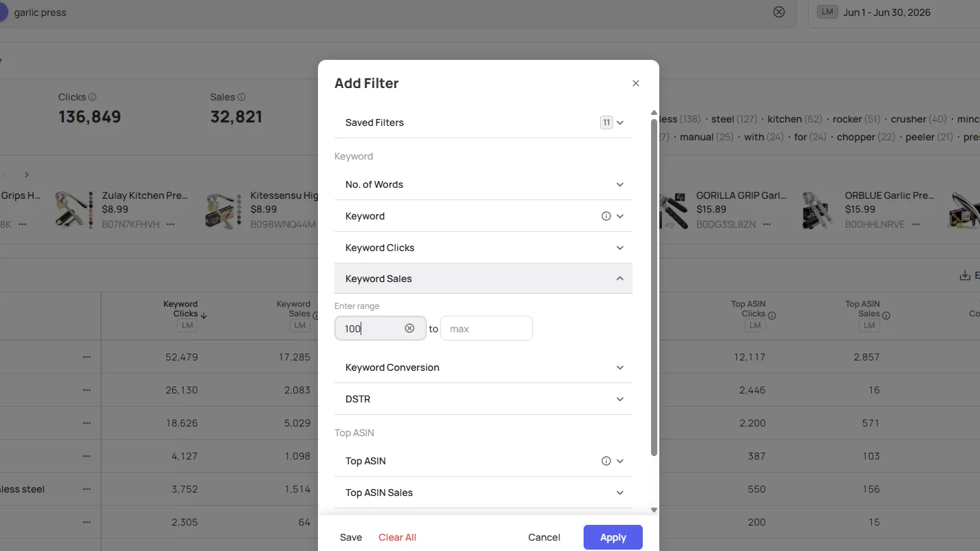 Datarova Keyword Spy filter panel narrowing hundreds of related keywords by keyword sales