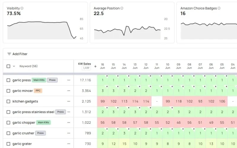 Datarova Ranks by ASIN view with visibility and average position charts above keyword rank history